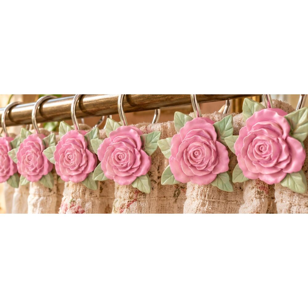 Pink Rose Shower Curtain Hooks Set of 12 Resin Floral Cottagecore Bathroom Decor